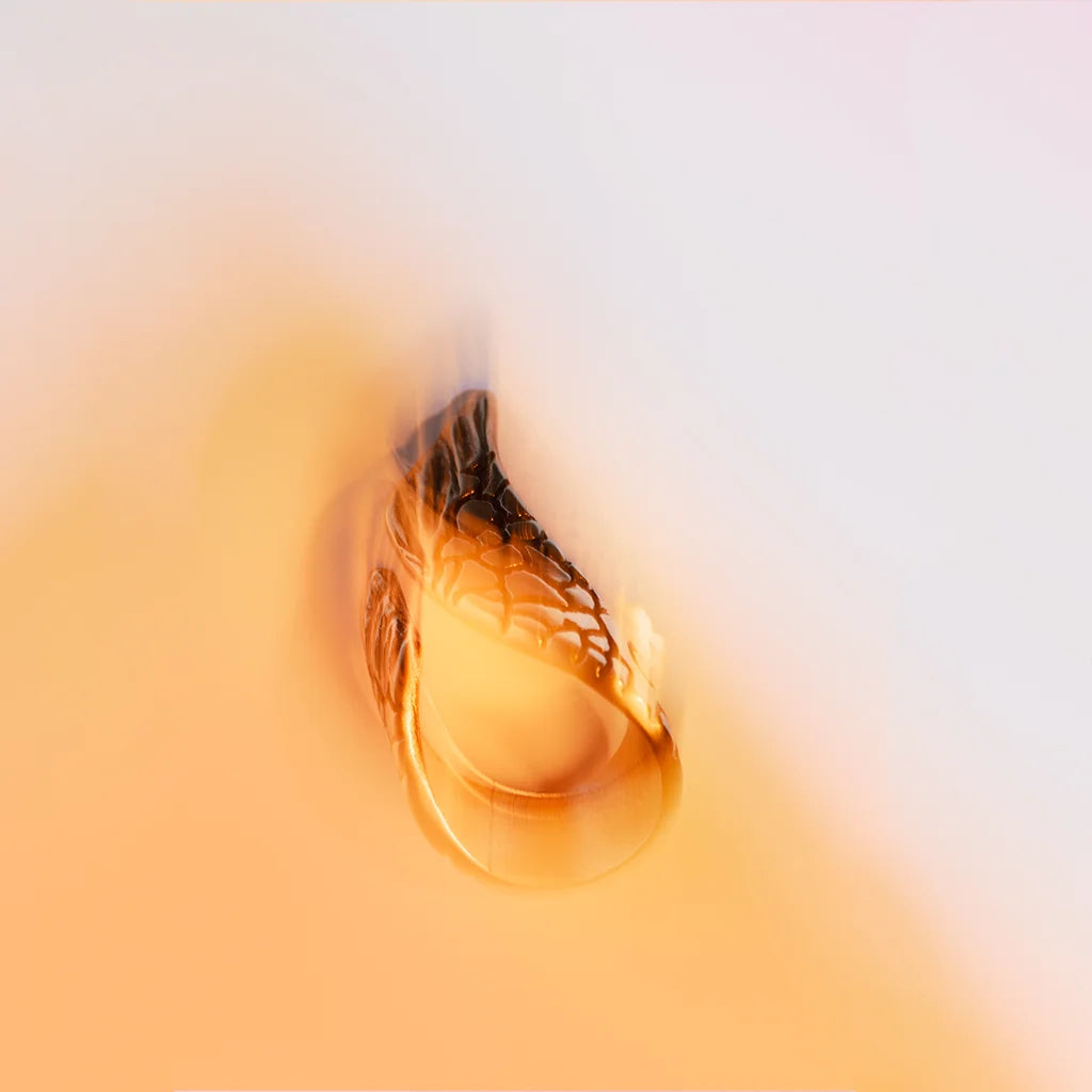 Bague aile Trouble en métal vieil argenté, texturée, présentée en nature morte sur un fond chaud évoquant le feu.