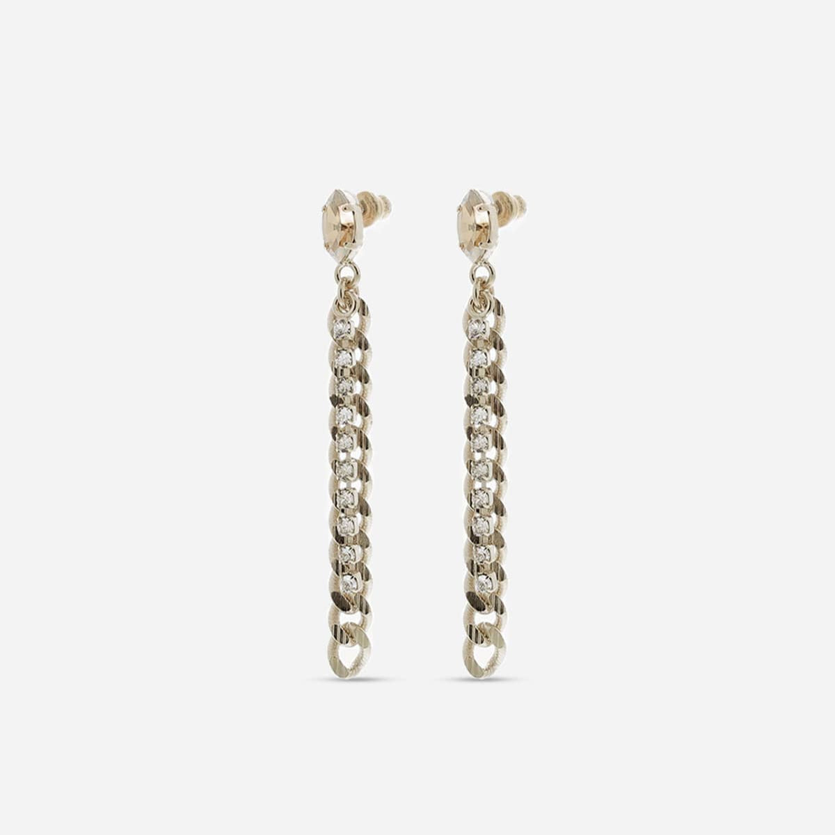 Boucles d’oreilles longues Venus, chaînes gourmette et chaînettes de strass en métal doré et cristal.