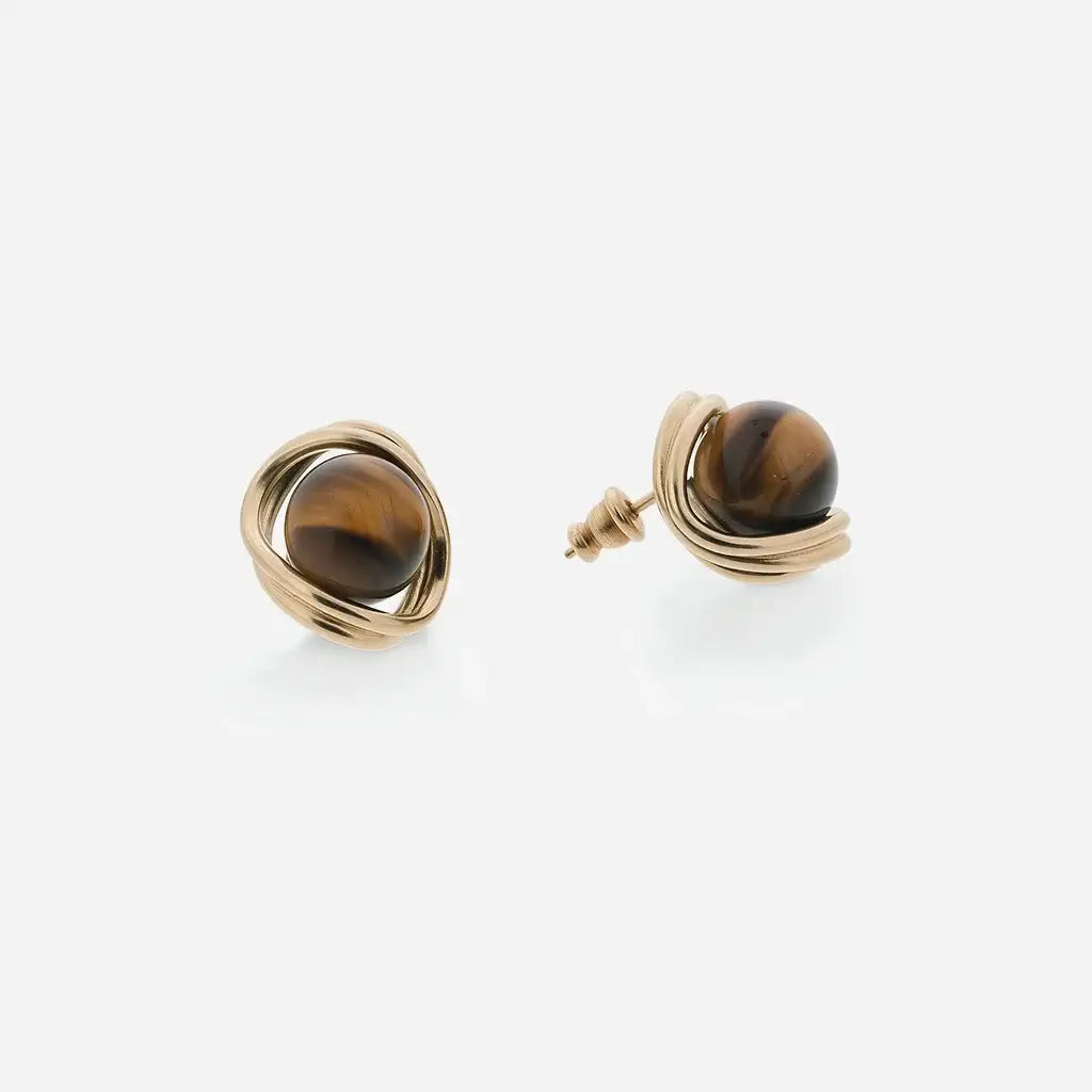Boucles d’oreilles perles Anomalie pour femme, en métal satiné doré avec perles en œil de tigre.