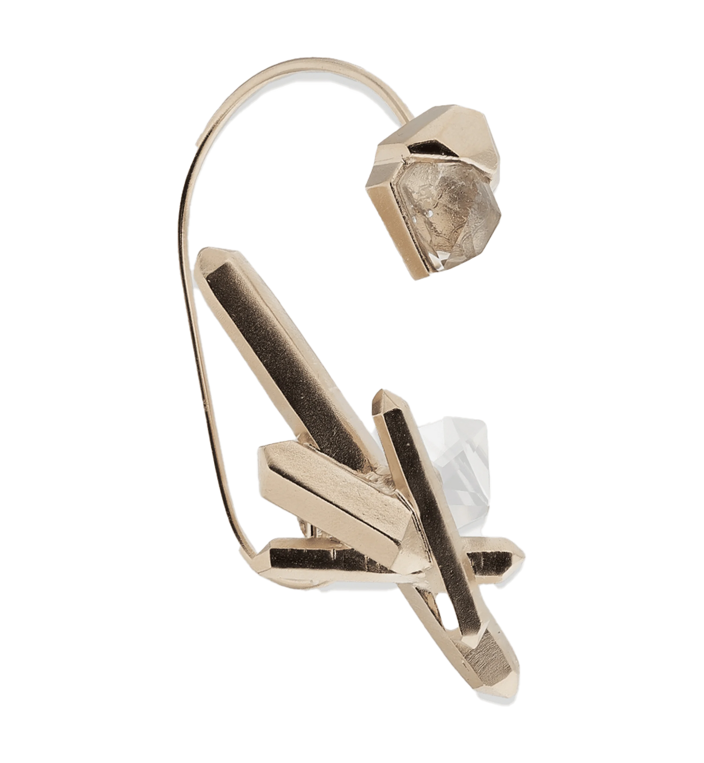 Photo produit d’une boucle d’oreille sculpturale dorée avec cristaux géométriques et design asymétrique.
