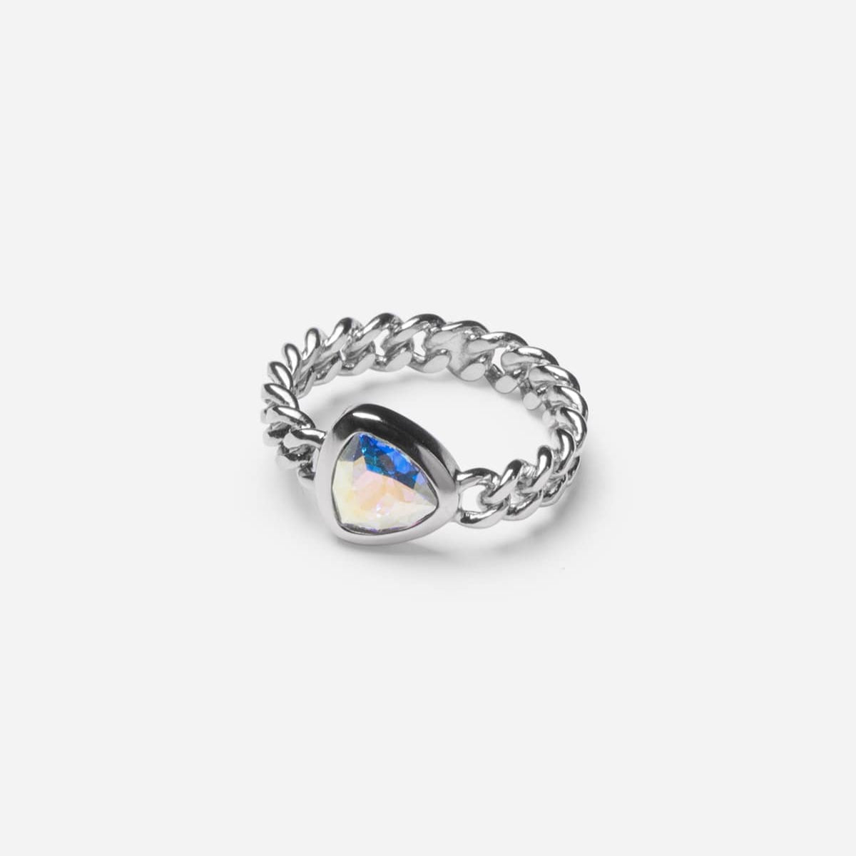 Bague strass Hortensia en chaîne gourmette rigide, métal argenté, ornée d’un strass coloré inspiré de la fleur d’Hortensia.