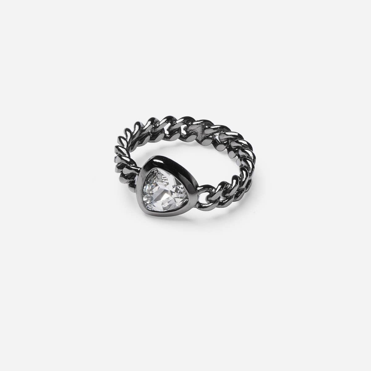 Bague strass Hortensia en chaîne gourmette rigide, métal ruthénium, ornée d’un strass coloré inspiré de la fleur d’Hortensia.